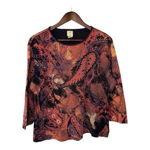 Jess and Jane Paisley Art blouse women's XL orange Autumn Fall rhinestones boho